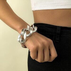 Silver Cuban Chain Bracelet Women Hollow Silver Link Chain Bangle Chunky